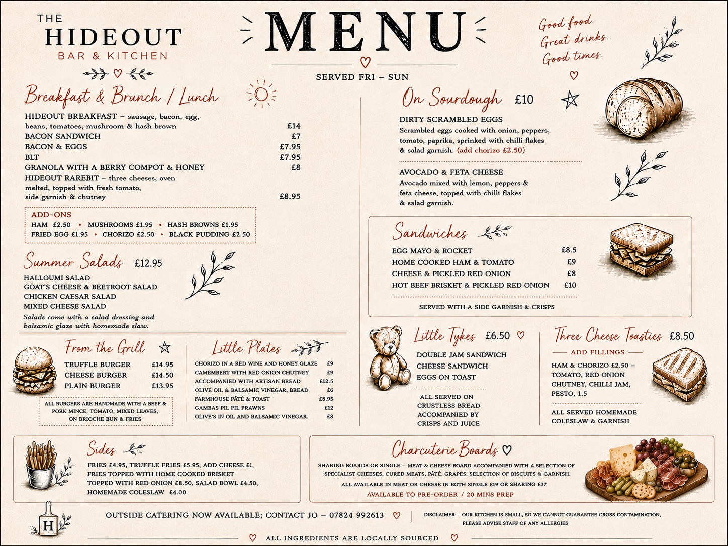 The Hideout Bar and Kitchen current food menu